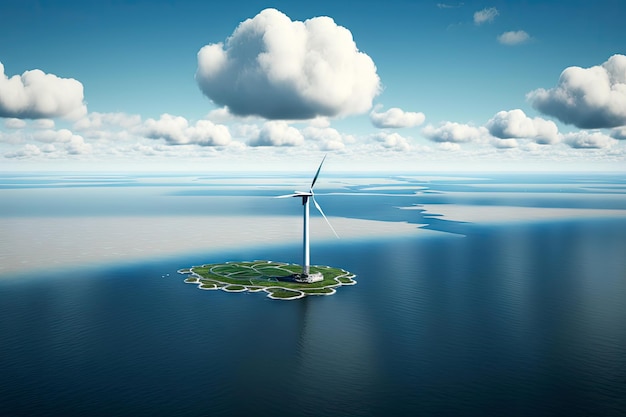 Aerial top view of white windmill with cloud blue sky wind turbine on field grass with Generative Ai