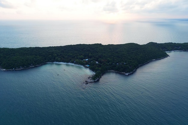 Aerial top view of Wong Duean Beach at Ko Samet Island with beautiful tropical crystal clear turquoise sea water Rayong Thailand