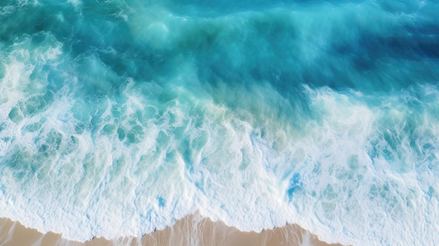 Aerial topdown shot of turquoise blue ocean waves and the tropical sandy beach Generative ai