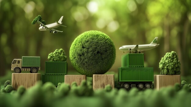 Aerial transport and sustainable logistics with miniature planes and trucks among greenery during bright daytime