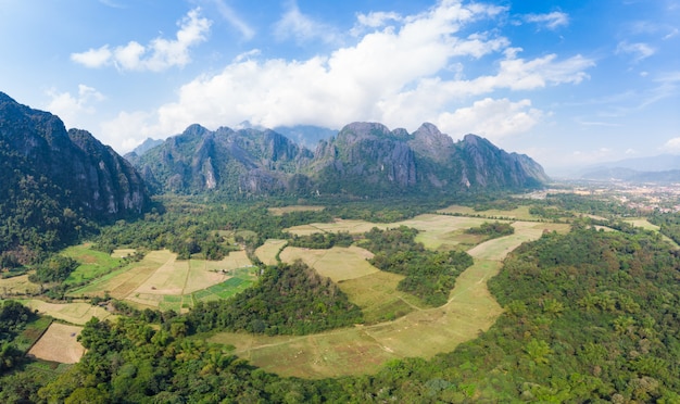 Aerial: Vang Vieng backpacker travel destination in Laos, Asia