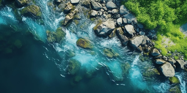 Вертикальный вид с воздуха на поверхность горной реки Генеративный искусственный интеллект