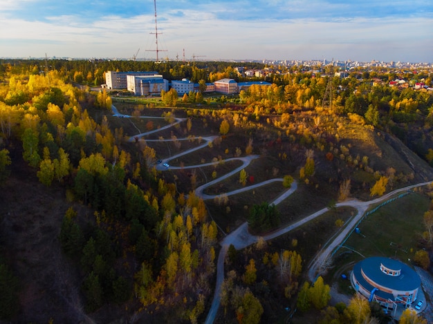 Aerial vew of winding road in the city