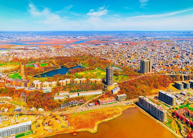 Aerial view on 145th Street Bridge between Manhattan and Bronx NYC, New York City, USA. Skyline and cityscape. American building. Panoramic view. Panorama of Metropolis