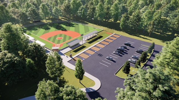 Foto vista aerea rendering 3d di un campo da baseball nel mezzo della foresta