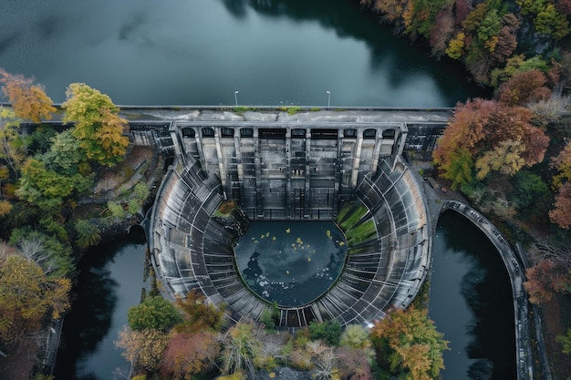 Photo aerial view of an abandoned dam surrounded by autumn trees