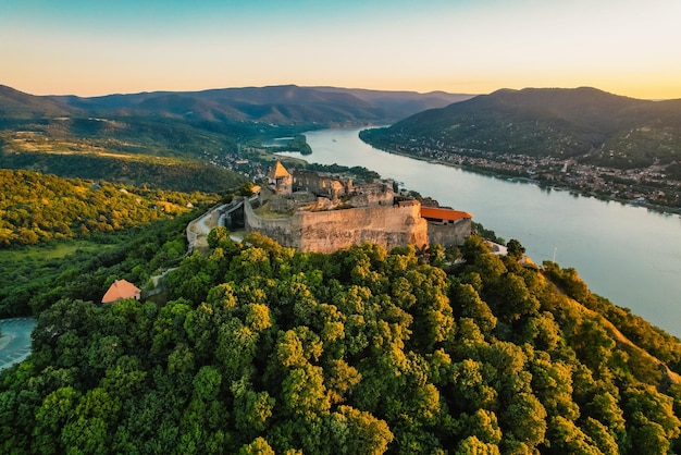 Aerial view about the Visegrad castle in Hungary near to Danube river and slovakia Hungarian name is Visegradi fellegvar Discover the beauties of Hungary castle