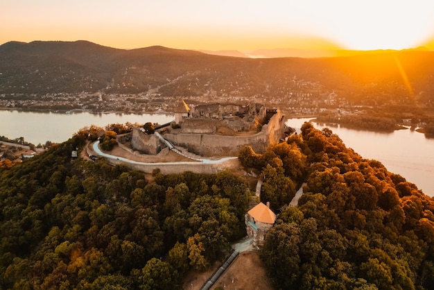 Aerial view about the visegrad castle in hungary near to danube\
river and slovakia hungarian name is visegradi fellegvar discover\
the beauties of hungary castle