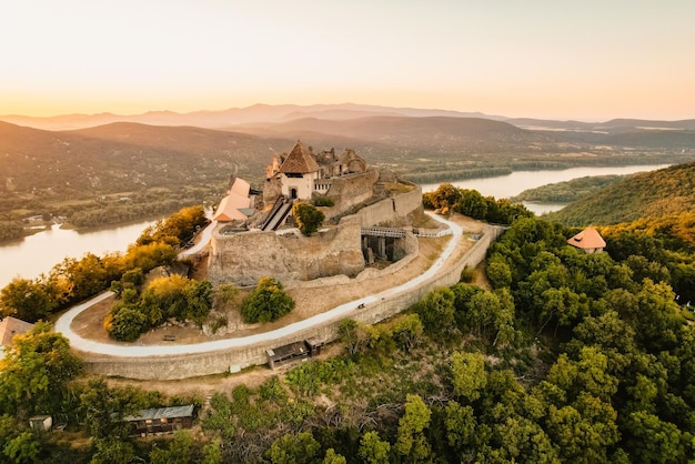 Aerial view about the visegrad castle in hungary near to danube
river and slovakia hungarian name is visegradi fellegvar discover
the beauties of hungary castle