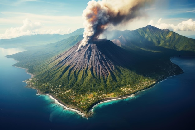 Aerial view of active volcano Bromo in East Java Indonesia Aerial view of Gamalama Volcano on Ternate Indonesia AI Generated