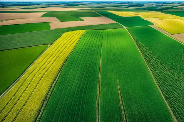 Aerial view of agricultural area with green fields in sunny summer day Aerial photo top view drone of beauty of earth Agricultural wallpaper concept Copy ad text space Generative Ai illustration