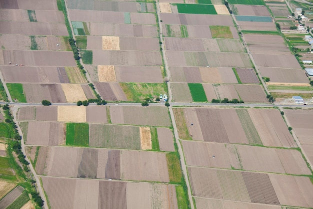 Aerial view of agricultural fields on a foggy morning