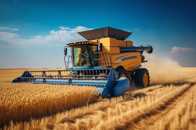 Foto veduta aerea di un campo agricolo con una combinatrice per la raccolta del grano maturo in una fattoria agricoltura