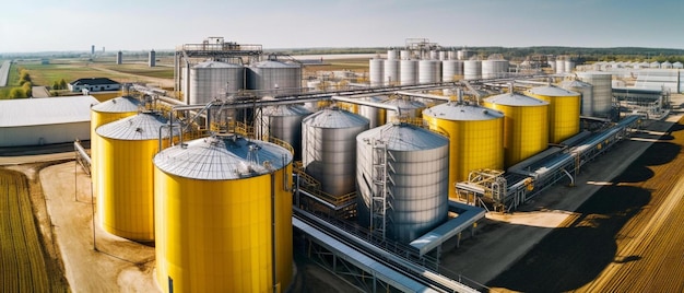 Aerial view on agro silos granary elevator with seeds cleaning line on agro processing manufacturing