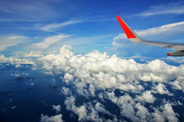 Photo aerial view of airplane wing against cloudy sky