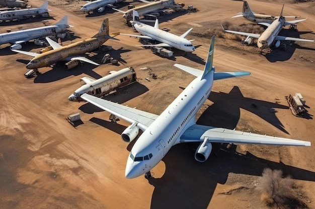 Foto vista aerea degli aerei all'aeroporto vista aerea di vecchi aerei di rottame