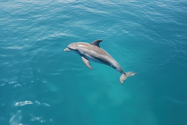 Aerial view of alone Bottlenose dolphin in blue sea