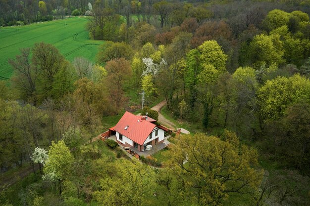 Aerial view of alone house in nature