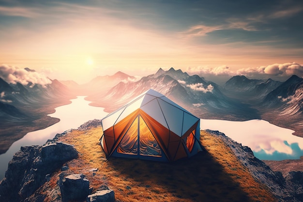 Вид с воздуха на одинокую палатку, установленную на вершине горы