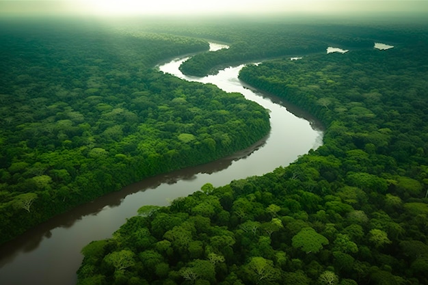 Aerial view of the Amazonas jungle landscape with river bend Generative AI