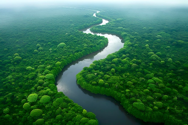 川が曲がるアマゾナスのジャングル風景の空撮 生成 AI