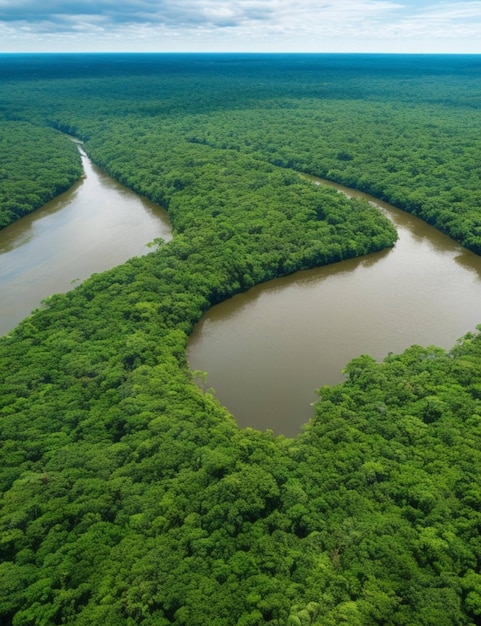 Aerial view of the Amazonas jungle landscape with river bend