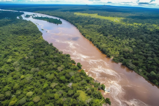 Вид с воздуха на амазонки с несколькими видимыми порогами с бурной водой.