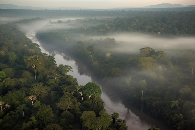 Aerial view of the amazonas with misty morning fog hanging low over the river created with generative ai