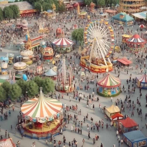 Aerial view of amusement park with lots of merrygorounds and entertainments