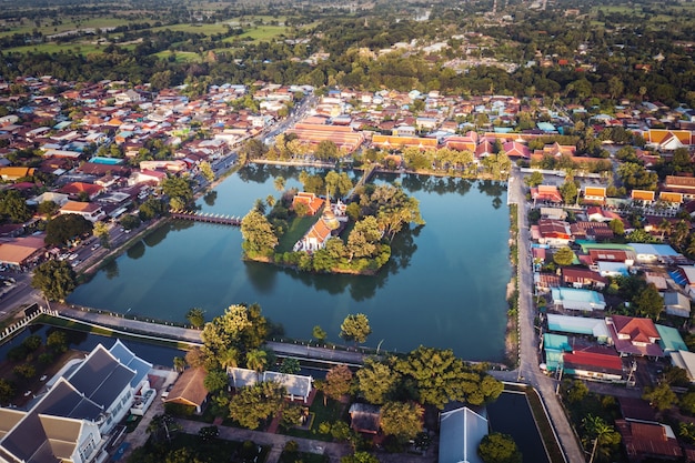 Aerial view of Ancient Buddha statue at temple in Sukhothai Historical Park, Thailand.