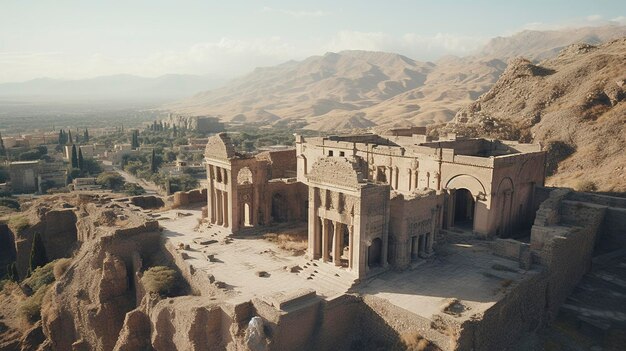 Aerial view of an ancient temple on a hill with a drone flying nearby at sunset