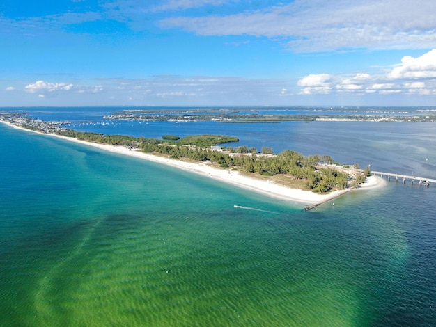 Aerial view of Anna Maria Island town and beaches barrier island on Florida Gulf Coast