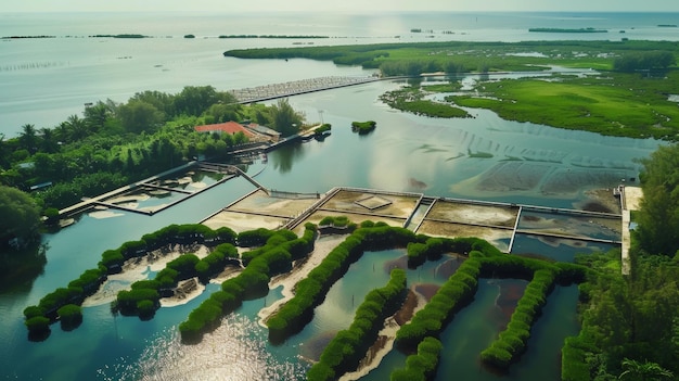 Aerial view of aquaculture ponds amidst greenery and water