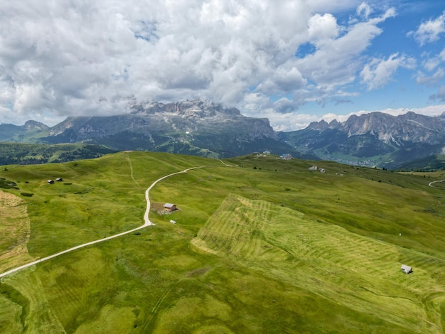 An Aerial view of Armentarola fields Dolomites Alps near Alta Badia TrentinoAltoAdige region Italy Summer season