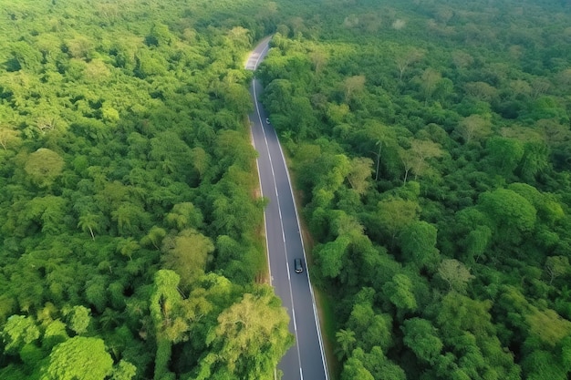 空撮アスファルト道路と緑の森 林道Ai生成