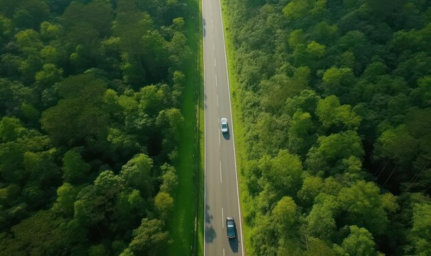 Foto veduta aerea di una strada di asfalto che si snoda attraverso la foresta verde armonia di ecologia e avventura