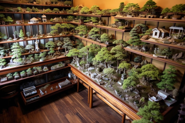 Aerial view of assorted bonsai trees on wooden shelves created with generative ai