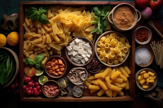 Premium Photo | Aerial view of assorted pasta in a wooden tray created ...