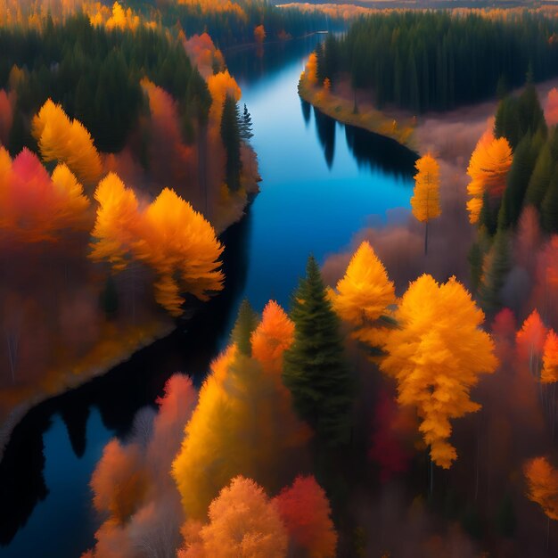 Aerial view of autumn forest and river top view from flying drone