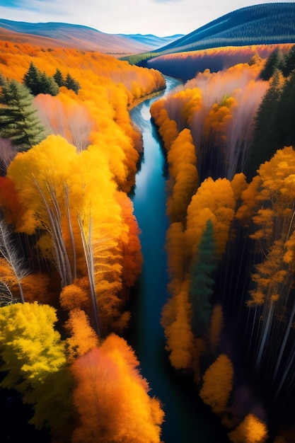 Aerial view of autumn forest and river top view from flying drone