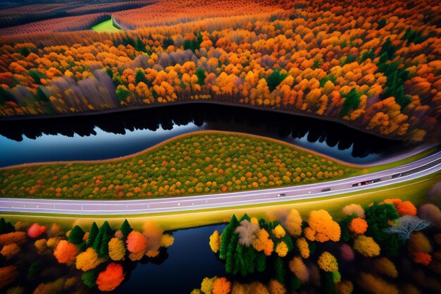 Aerial view of autumn forest road river and sky top view from flying drone