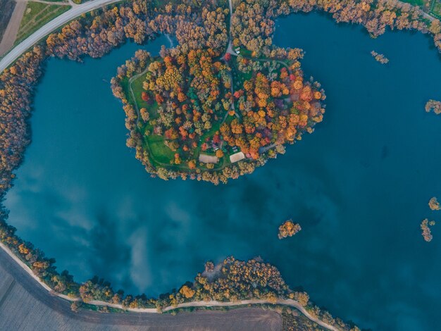 Photo aerial view of autumn forest with lake sky reflected in water copy space