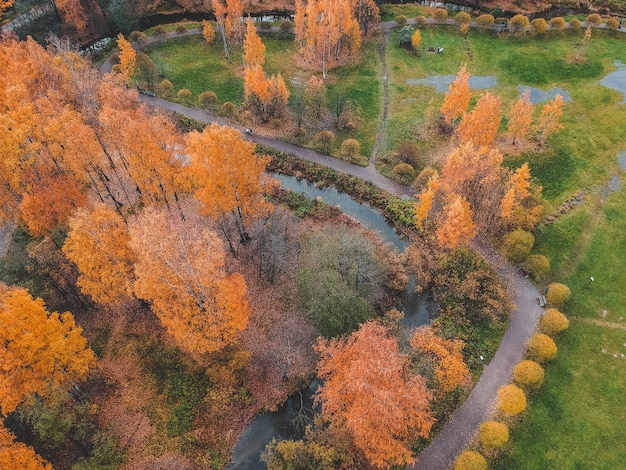 都市の郊外の秋の公園の空撮。サンクトペテルブルク、ロシア。