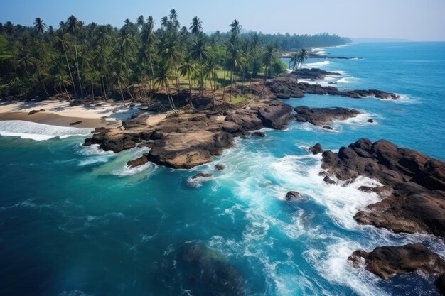Aerial view to azure ocean waves breaks on the rocks