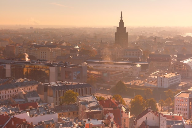 Aerial view backlit of Old Town Riga Latvia