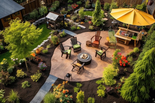 Aerial view of backyard with diy fire pit and garden