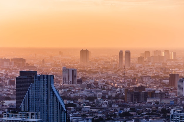 Aerial view of Bangkok cityscape at the dusk. 