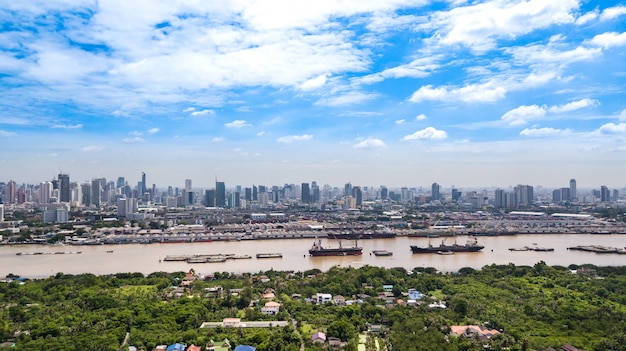 Aerial View of Bangkok skyline and view of Chao Phraya River View from green zone in Bang Krachao