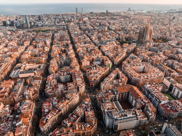 Aerial view of Barcelona City Skyline and Sagrada Familia Cathedral at sunset