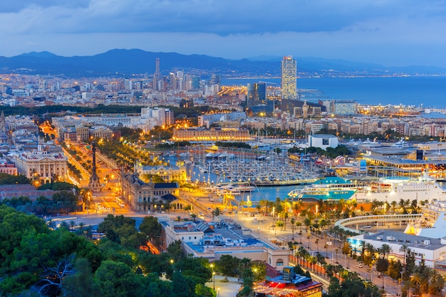 Aerial view Barcelona at night, Catalonia, Spain